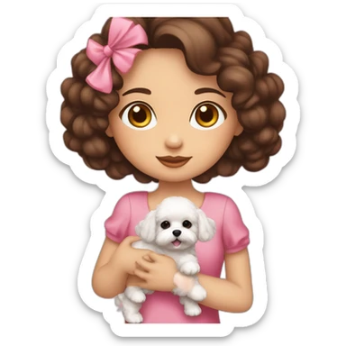 girl brunette hold on the hand, dressed in pink dress small white puppy girl maltipoo sticker