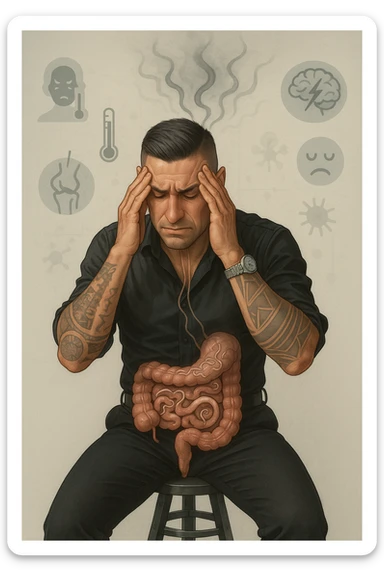 a person sits with a troubled expression, holding their head in their hands. A transparent overlay on their body reveals stylized images of parasites in the digestive tract, while faint, shadowy tendrils extend upward toward the brain, symbolizing the psychological impact. The background is clinical and educational, with subtle icons representing both physical and mental symptoms. sticker