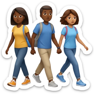 iOS emoji style - a dark men and 2 brown women in casual clothes and wearing trainers. Walking in the same direction quickly together. 
Not holding hands. No backpacks. 
 sticker