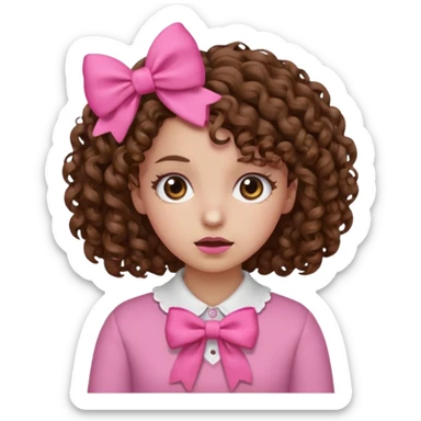 Curly hair girl, Pleading Face emoji, using pink bow sticker