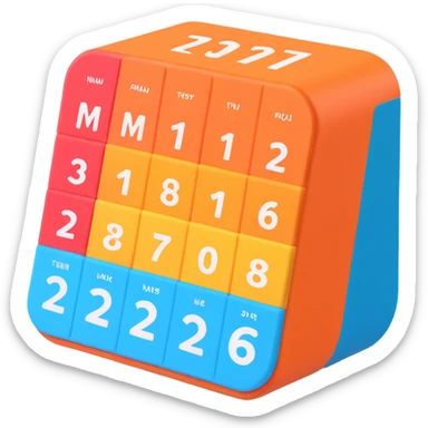 3D calendar, playful style, bright colors, rounded corners, minimalistic numbers sticker