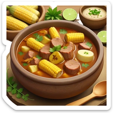 Cinematic Realistic Sancocho Antioqueño Emoji, depicting a hearty Colombian stew brimming with tender cuts of meat, yuca, plantains, corn on the cob, and potatoes in a rich, flavorful broth. Served in a rustic clay bowl with fresh cilantro and lime on the side, rendered with warm, inviting textures and homely, comforting lighting. sticker