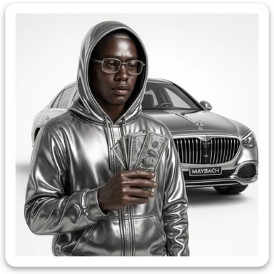 chrome style icon version of a person with realistic light brown skin, natural features, and a hand subtly showing a missing finger, wearing metallic chrome hoodie and clothing, Cartier glasses, holding detailed US dollar bills instead of money, with a Maybach car behind, striking iconic chrome aesthetic sticker