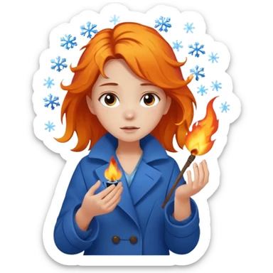 A barefoot girl in a tattered blue coat, cupping a tiny flame gently while snowflakes fall on her hair.
 sticker