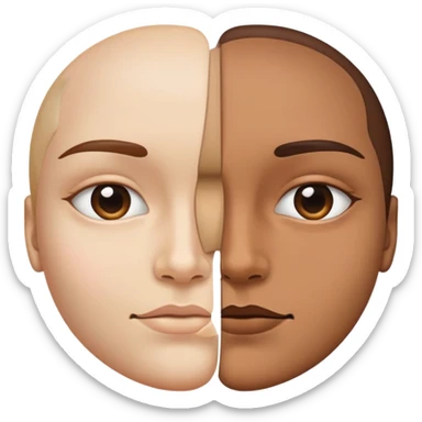 face split into two halves, one half realistic, other half art style sticker
