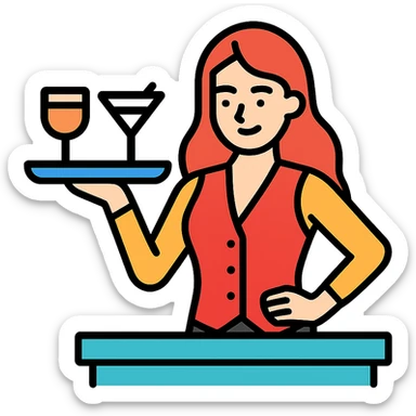 icon of a stylish barmaid with long hair, serving drinks, confident pose, trendy icon design, color outlined sticker