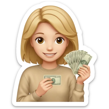 girl with rummy hair in beige sweater happy with money in hands sticker