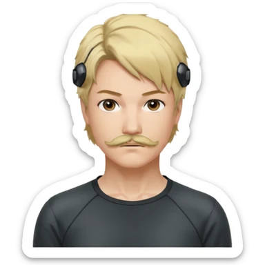 Style : Manga détaillé façon Metal Gear Solid — lignes nettes, ombres douces, couleurs vives. Personnage : cache-œil noir à gauche, cheveux blonds mi-courts avec côtés foncés, yeux marron, moustache fine, sweat clair.  sticker