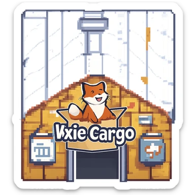 Add the Vixie Cargo company logo to the front of the parcel warehouse building emoji in pixel art style, with no background. sticker