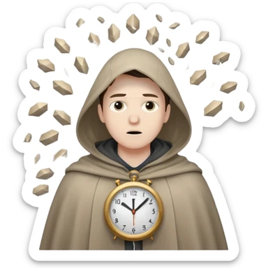 Character standing calm while clock fragments explode past, cloak barely moving sticker