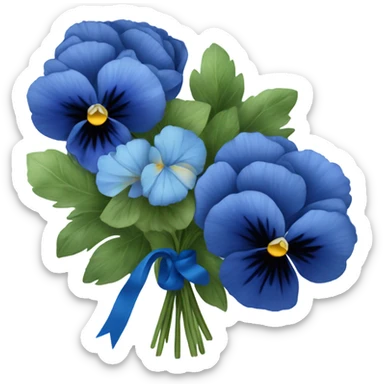 Bouquet composed of blue pansies, navy blue peonies tied with a blue ribbon and in the background navy blue butterflies and blue stars  sticker