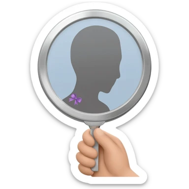 Apple iOS–style 3D emoji: round silver handheld mirror, facing forward. In the reflection, neutral faceless silhouette with small violet ribbon (only in reflection). White background, centered, soft shadow. sticker