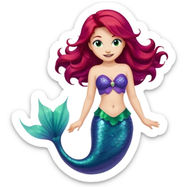Ariel from Disney's The Little Mermaid, smiling, with flowing red hair, purple seashell top, and green mermaid tail, apple-style emoji art sticker