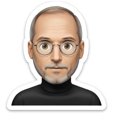 Steve Jobs with black turtleneck, round glasses, beard sticker