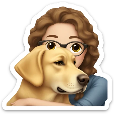 Golden Labrador retriever cuddles with a girl with brown  hair, glasses,  Lush eyelashes and a nose piercing sticker