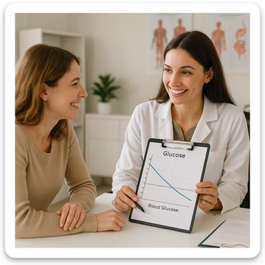 woman consulting a nutritionist, both smiling, nutritionist showing a graph of improving blood glucose, supportive atmosphere, realistic details, medical office background sticker