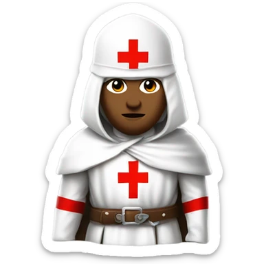 Masonic knight Templar wearing a white tunic with a Red Cross on the front, a white mantle with a hood. And a Red Cross on the left side. A male head with a red smokers cap on. He should be holding a sword in the carry position. sticker