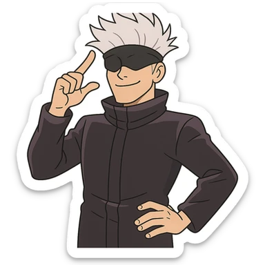 Satoru Gojo, iconic anime sorcerer, white hair, blindfold, confident pose, western adult animation cartoon style sticker