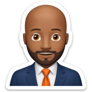 headshot of a sophisticated, stylish, bald head Caribbean black man with a beard and goatee in a navy blue suite, white shirt and dark orange tie with small eyes sticker