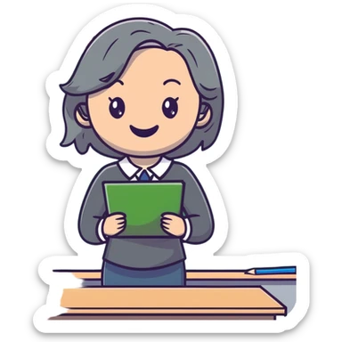 smiling English teacher with airtouch hair and grey-green eyes teaching in a classroom with chalkboard sticker