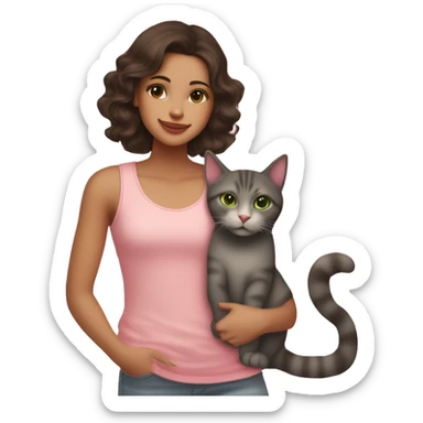 A mexican american girl with green eyes and dark brown hair with mauve pink lips wearing light washed jeans and a pink polka dot tank top shes smiling and petting her orange cat  sticker