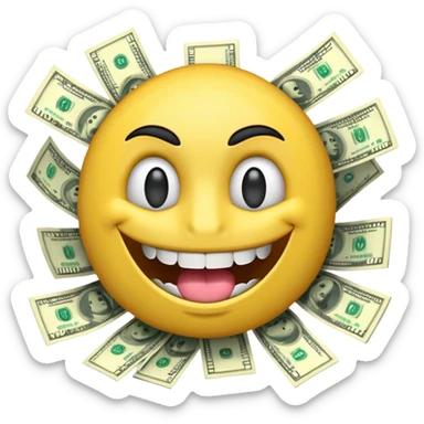 3D glossy emoji sticker, dollar-sign eyes, huge toothy grin, mouth stuffed with US dollar bills spilling out, floating banknotes, centered, solid chroma green background sticker