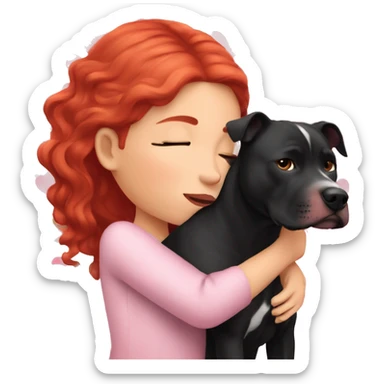 Girl with red hair kissing big black pitbull dog, pink hearts sticker