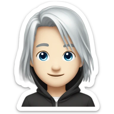 emote for a boy with head and shoulders only, chibi anime style, long straight white hair, blue eyes, black hoodie, Happy sticker