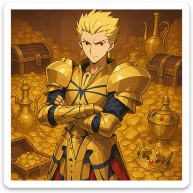 Gilgamesh from Fate anime, crossed arms, surrounded by treasure, anime style sticker