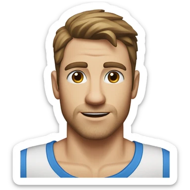 A head and shoulders shot of a 32 year old Caucasian man, with short brown hair, with none facial hair,   with blue eyes wearing a t-shirt. sticker