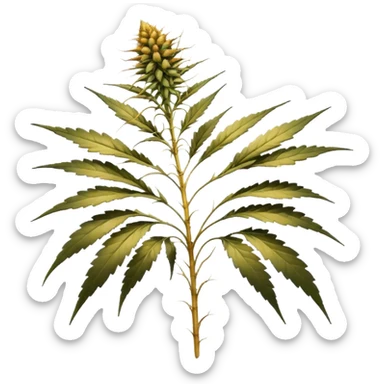 small cannabis plant at late harvest stage, modestly sized, uneven growth structure, thin branches supporting small mature buds, leaves showing natural discoloration in shades of yellow and brown, clearly visible trichomes with amber hues, resin-coated buds ready for harvest,  sticker