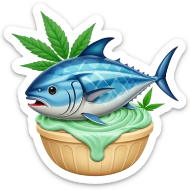 bluefin tuna in a gelato with cannabis leaf sticker