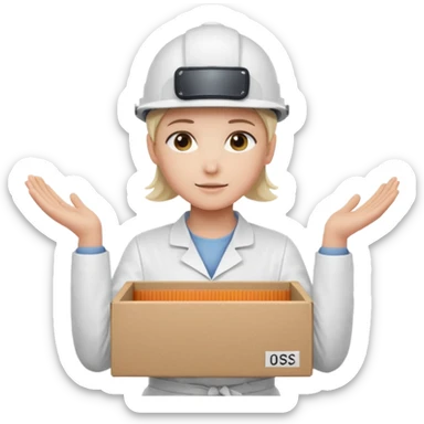 Tengo que dar una capacitacion de orgonomia, necesito un emoji de un operario con casco blanco y delantal blanco de manga larga que levante una caja cerrada con las dos manos a la altura de los hombros. Que tenga un delantal de laboratorio no de coina  sticker