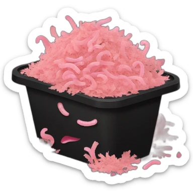 Black cubic plastic container with wood shavings and pink worms inside sticker