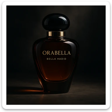 cinematic, realistic 3D rendering of the Orabella fragrance bottle by Bella Hadid, dramatic shadows, high-end commercial look sticker