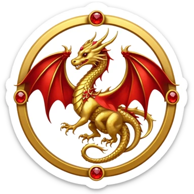 Golden dragon with wings crest / brosch in a circle with red gems and no background sticker
