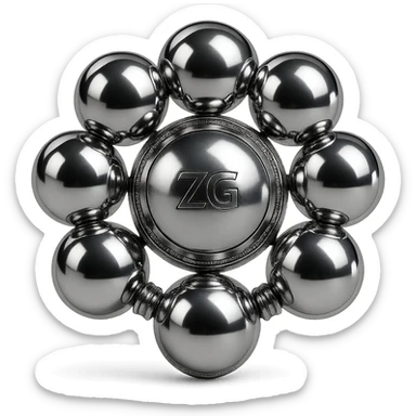 group of chrome spheres linked in a circular pattern around a central sphere, highly reflective and metallic, no background sticker