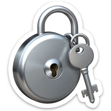 A chrome silver lock and key emoji, smooth metallic surfaces, glossy reflections, luxury swag vibe, minimal iOS emoji style, centered on clean white background sticker