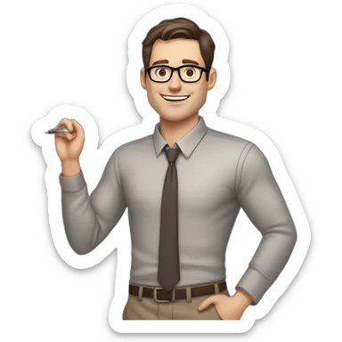 Pale skinned fit man with dark brown hair in gray jacket, beige office shirt, brown tie, brown pants and vintage glasses Writing text on a flipchart sticker