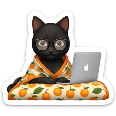 A black female cat working on a MacBook, with long, black straight lashes, round glasses and she wears a blanket with an orange fruit pattern sticker