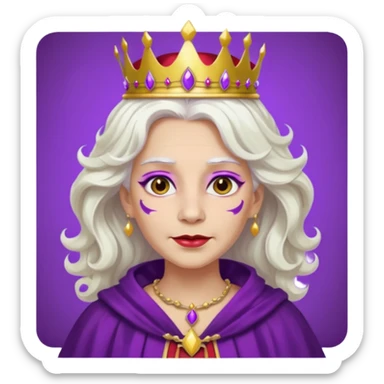 Queen with wavy white hair – golden crown, purple robe, red face paint mark sticker