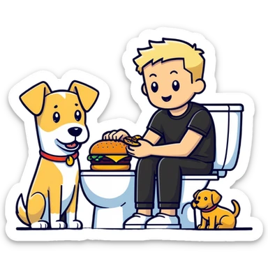 Guy with blonde hair and low taper fade on the toilet taking a poop with a dog eating a hamburger next to him sticker