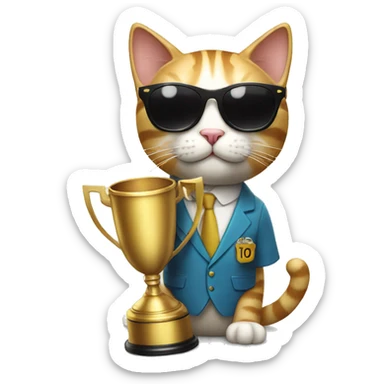cat wearing sunglasses holding up a number ten trophy sticker