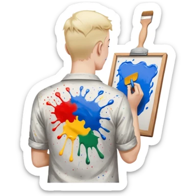 the white artist stands with his back to the painting, painting a portrait sticker