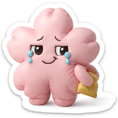 baby pink cherry blossom flower with teary eyes and a mischievous smile, hiding snacks behind its back, soft chubby body, kawaii face, cushion style sticker