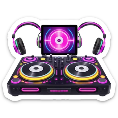 Create a dynamic and modern emoji that represents electronic music and DJing. The design should feature a DJ controller with two vinyl turntables, DJ headphones, and glowing sound waves or a waveform to symbolize the energy of mixing and electronic beats. Use vibrant neon colors like electric blue, neon pink, or green to represent the futuristic and pulsating nature of electronic music. Add subtle details of flashing lights or abstract patterns to evoke the nightclub or festival atmosphere. The background should be transparent. sticker