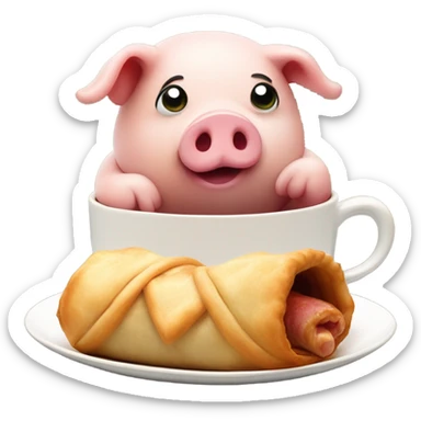 Pig in a blanket with a cup of tea sticker