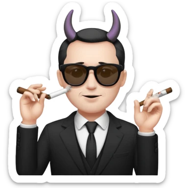 Minimalist emoji-style sticker of a devilish producer in black suit, tiny horns, dark sunglasses, and a smoking cigar, grayscale tones, matte style sticker