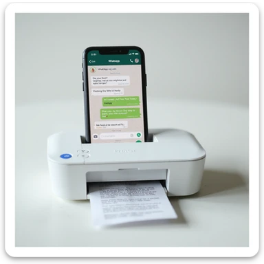 realistic thumbnail image for a WhatsApp print out service, showing a smartphone displaying a WhatsApp chat, with a printer printing out chat messages on paper, on a clean background sticker