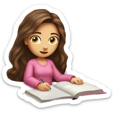 brunette long hair, girl in pink bed, studying  sticker